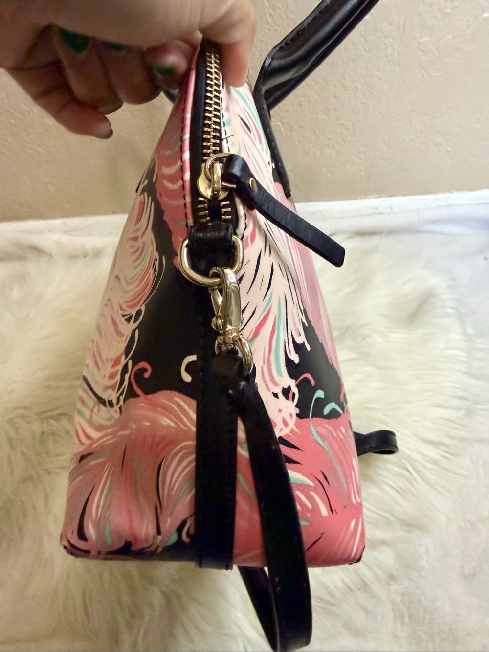 Kate Spade Brightwater Drive Rachelle Flamingo Feather Print Satchel Bag - Picture 8 of 15